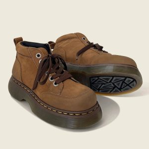 Chunky Brown Leather Lace-Up Boots for Y2K and Grunge Aesthetic Styles