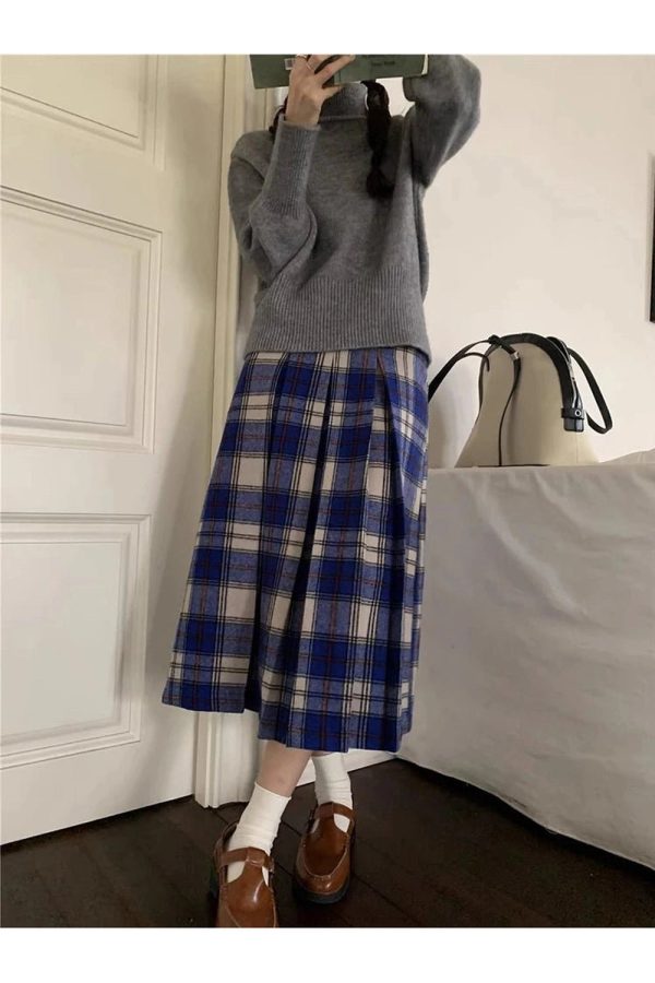 Classic Academia Plaid Midi Skirt - Y2K Aesthetic & Preppy Style