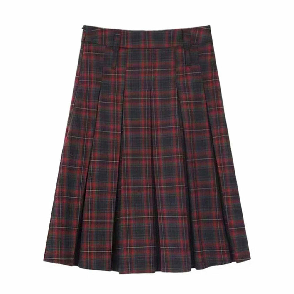 Classic Red Pleated Midi Skirt for Y2K Aesthetic and Grunge Style Outfits