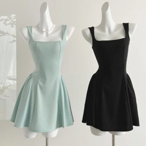 Classic Square Neck Flared Dress - Y2K Aesthetic & Coquette Style