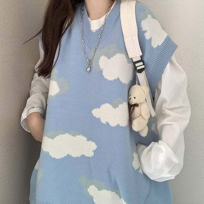 Cloudy Skies Knit Vest - Y2K Aesthetic Layering Essential for Cozy Outfits