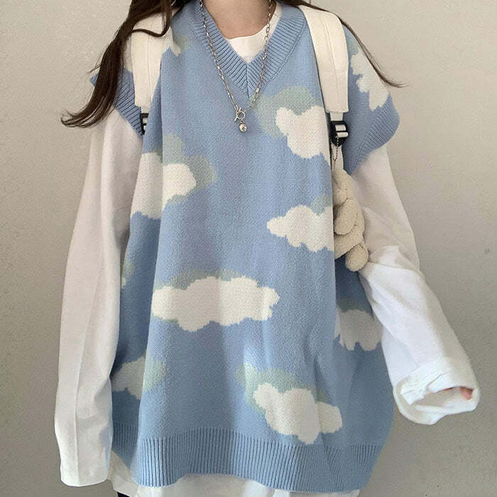 Cloudy Skies Knit Vest - Y2K Aesthetic Layering Essential for Cozy Outfits