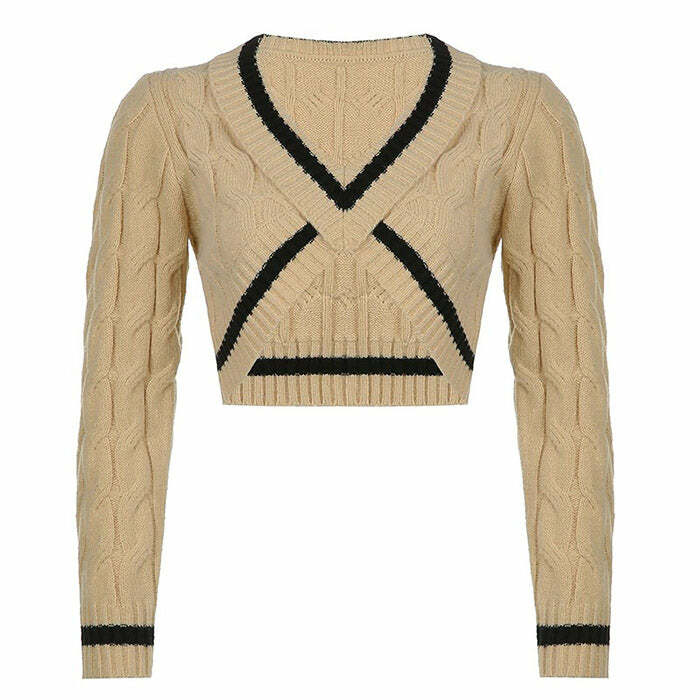 Coffee Cream Y2K Cropped Sweater for Cozy Aesthetic Outfits