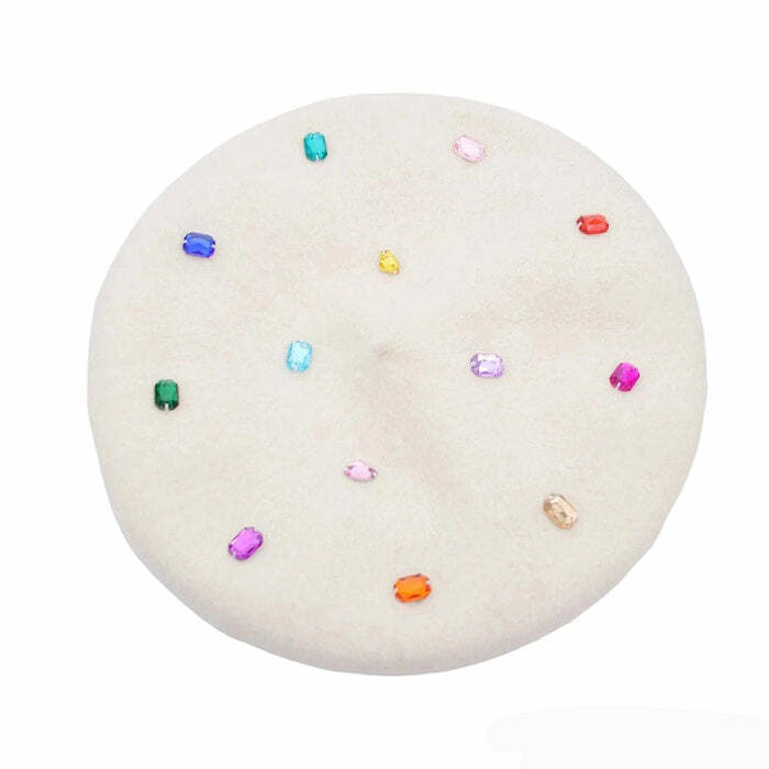 Colorful Rhinestone Beret Hat for Y2K Aesthetic and Coquette Style