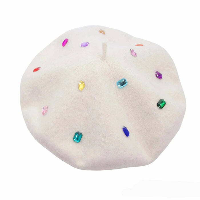 Colorful Rhinestone Beret Hat for Y2K Aesthetic and Coquette Style