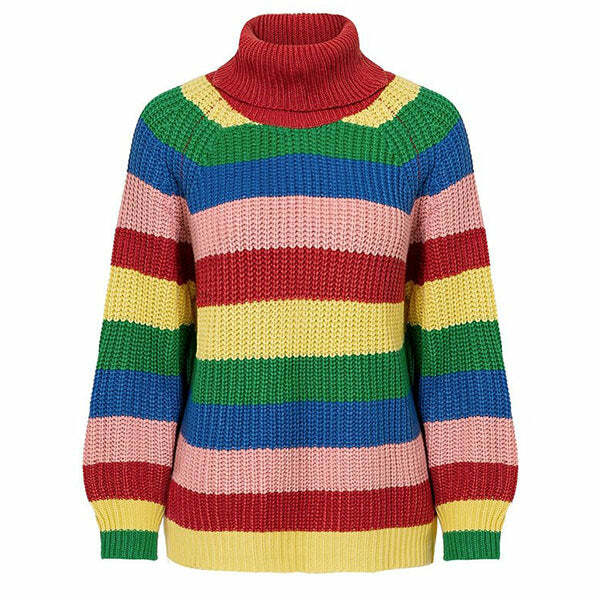 Colorful Y2K Roll Neck Rainbow Jumper for Cozy Aesthetic Outfits