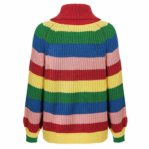 Colorful Y2K Roll Neck Rainbow Jumper for Cozy Aesthetic Outfits