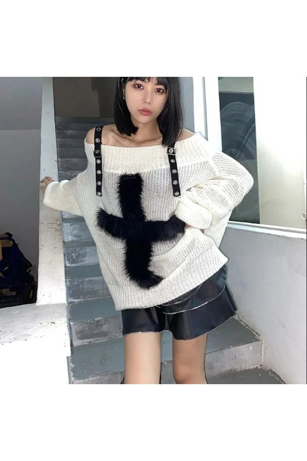 Coquette Aesthetic Fuzzy Strap Off-Shoulder Sweater for Y2K Style