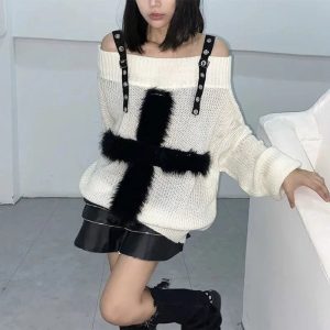 Coquette Aesthetic Fuzzy Strap Off-Shoulder Sweater for Y2K Style