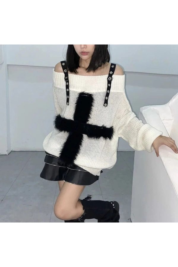 Coquette Aesthetic Fuzzy Strap Off-Shoulder Sweater for Y2K Style