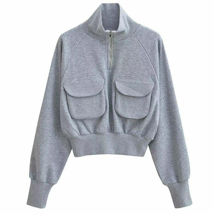 Coquette Aesthetic Grey Zip Up Sweatshirt with Front Pockets for Y2K Style