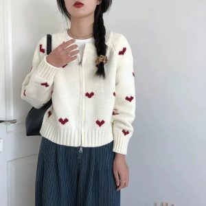 Coquette Aesthetic Heart Knit Zip Cardigan for Y2K Style Lovers