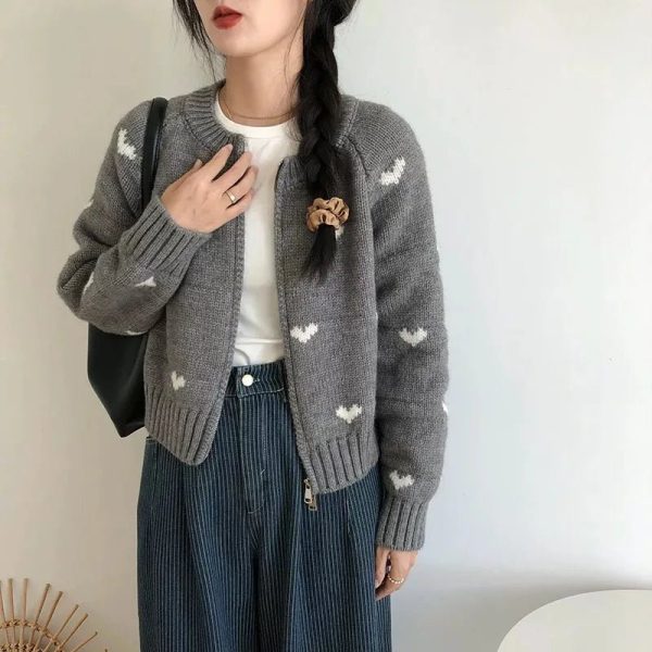 Coquette Aesthetic Heart Knit Zip Cardigan for Y2K Style Lovers