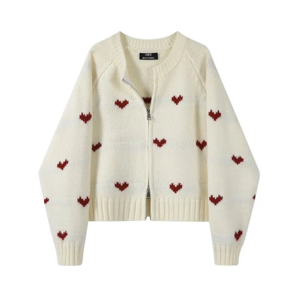 Coquette Aesthetic Heart Knit Zip Cardigan for Y2K Style Lovers