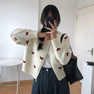 Coquette Aesthetic Heart Knit Zip Cardigan for Y2K Style Lovers