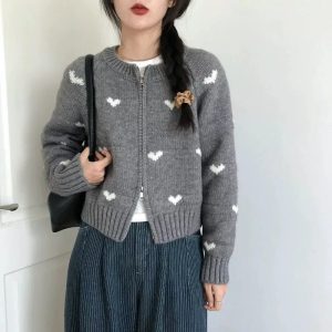 Coquette Aesthetic Heart Knit Zip Cardigan for Y2K Style Lovers