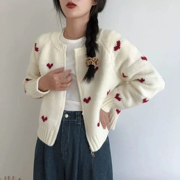 Coquette Aesthetic Heart Knit Zip Cardigan for Y2K Style Lovers