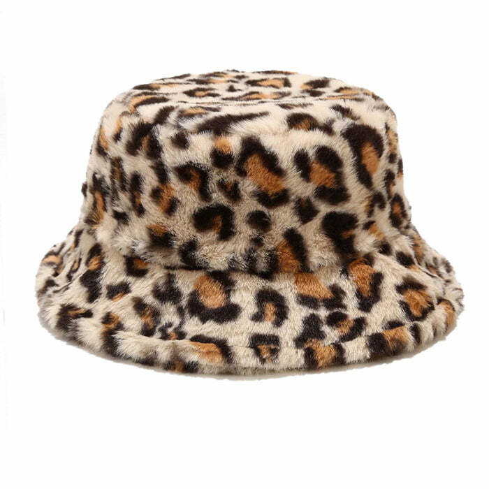 Coquette Aesthetic Leopard Fluffy Bucket Hat for Y2K Fashion Lovers