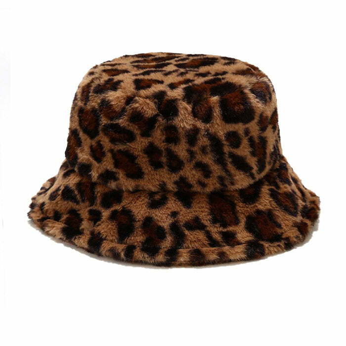 Coquette Aesthetic Leopard Fluffy Bucket Hat for Y2K Fashion Lovers