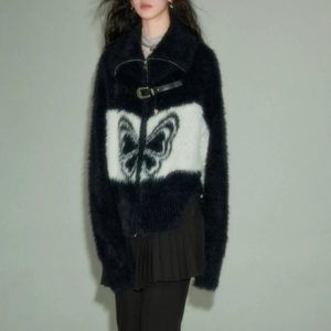 Coquette Aesthetic Midnight Butterfly Fuzzy Jacket for Y2K Style