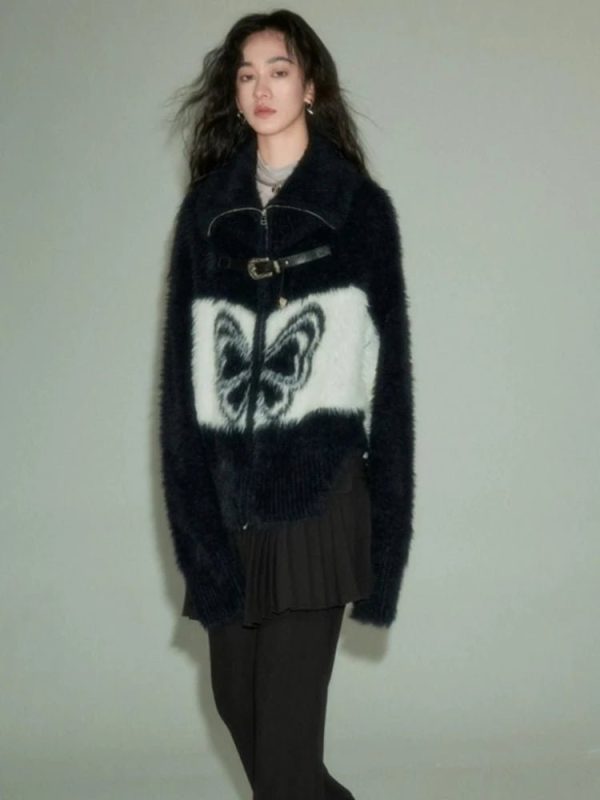 Coquette Aesthetic Midnight Butterfly Fuzzy Jacket for Y2K Style