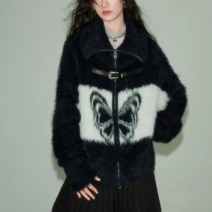 Coquette Aesthetic Midnight Butterfly Fuzzy Jacket for Y2K Style