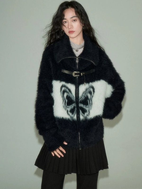 Coquette Aesthetic Midnight Butterfly Fuzzy Jacket for Y2K Style