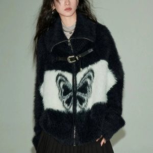 Coquette Aesthetic Midnight Butterfly Fuzzy Jacket for Y2K Style