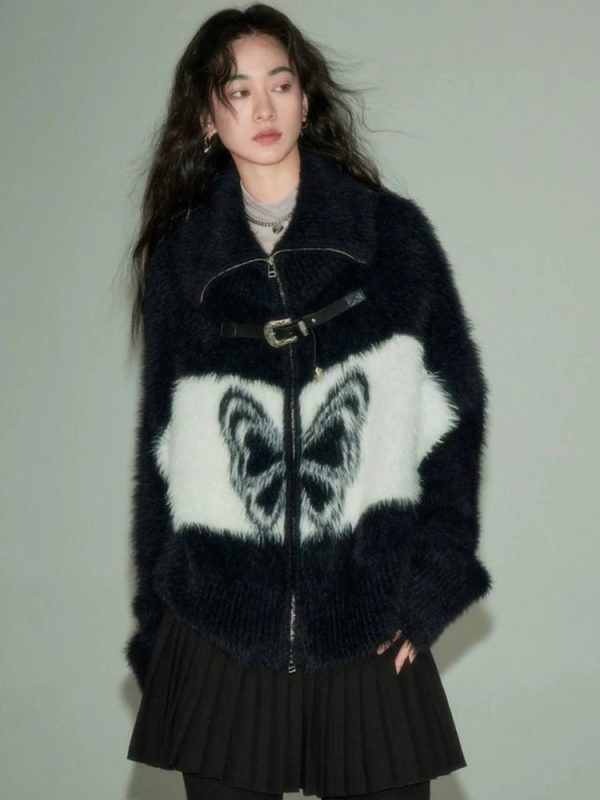 Coquette Aesthetic Midnight Butterfly Fuzzy Jacket for Y2K Style