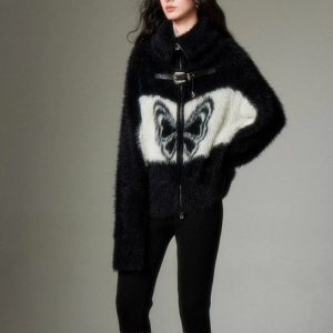 Coquette Aesthetic Midnight Butterfly Fuzzy Jacket for Y2K Style