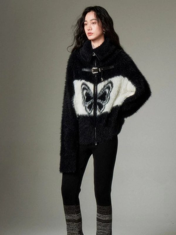 Coquette Aesthetic Midnight Butterfly Fuzzy Jacket for Y2K Style