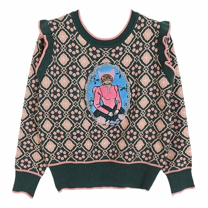 Coquette Aesthetic Princess Cat Knit Pullover - Y2K Style Sweater