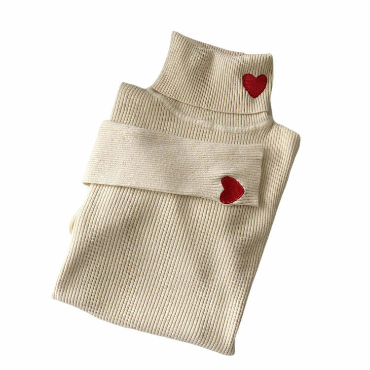 Coquette Aesthetic Red Heart Embroidery Turtleneck Sweater