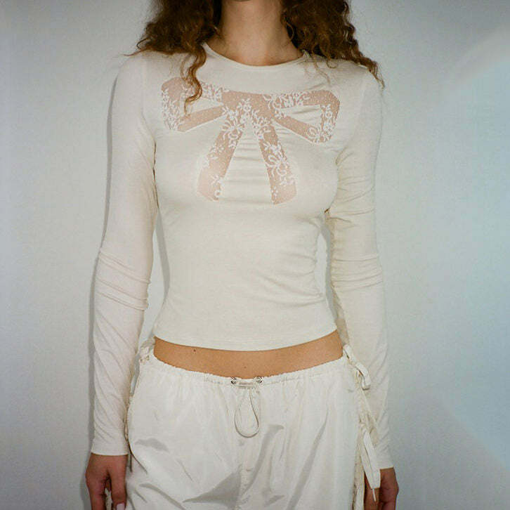 Coquette Aesthetic See-Through Lace Bow Top for Y2K Fashion Lovers