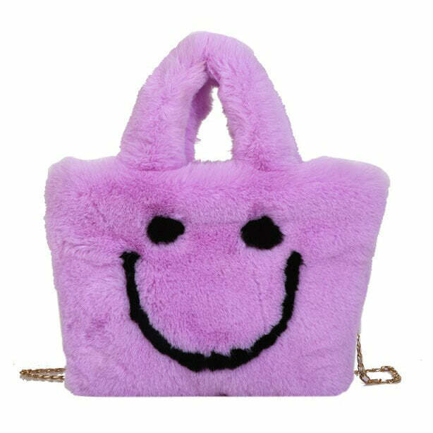 Coquette Aesthetic Smiley Face Fuzzy Handbag for Y2K Style Lovers