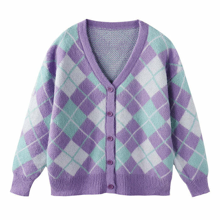 Coquette Aesthetic Soft Girl Argyle Cardigan for Y2K Fashion Lovers