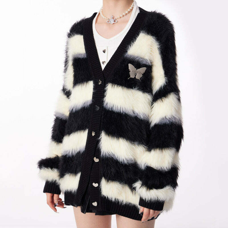 Coquette Aesthetic Striped Fuzzy Butterfly Cardigan for Y2K Style