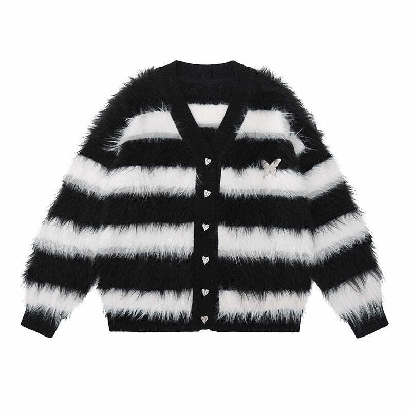 Coquette Aesthetic Striped Fuzzy Butterfly Cardigan for Y2K Style