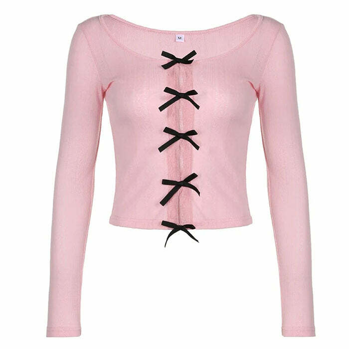 Coquette Bow Long Sleeve Split Top - Y2K Aesthetic Cute Top