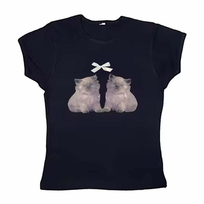 Coquette Kitten Y2K Aesthetic Baby Tee for Cute Outfits and Style