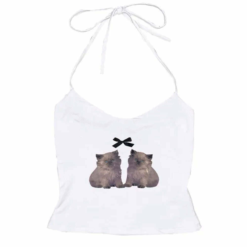 Coquette Kitten Y2K Halter Top - Cute Aesthetic Fashion Essential