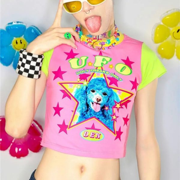 Cosmic Canine Y2K Aesthetic Top - Cute Pastel Grunge Style Tee