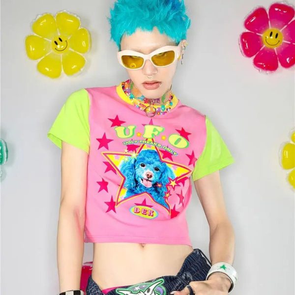 Cosmic Canine Y2K Aesthetic Top - Cute Pastel Grunge Style Tee