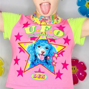 Cosmic Canine Y2K Aesthetic Top - Cute Pastel Grunge Style Tee