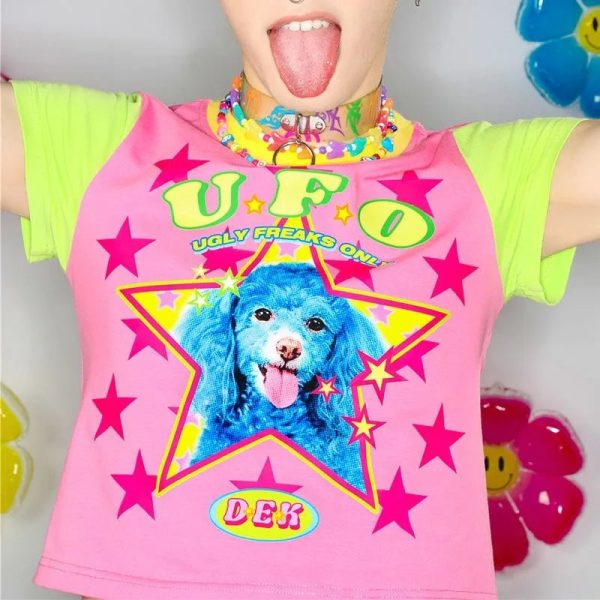 Cosmic Canine Y2K Aesthetic Top - Cute Pastel Grunge Style Tee