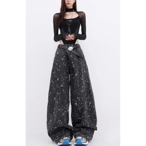 Cosmic Dust Y2K Wide-Leg Jeans for Grunge and Coquette Aesthetic Styles