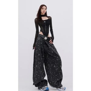 Cosmic Dust Y2K Wide-Leg Jeans for Grunge and Coquette Aesthetic Styles