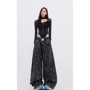 Cosmic Dust Y2K Wide-Leg Jeans for Grunge and Coquette Aesthetic Styles