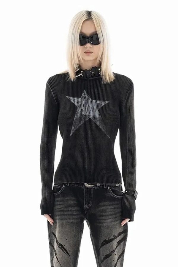 Cosmic Grunge Star Sweater: Y2K Aesthetic with a Touch of Coquette Style