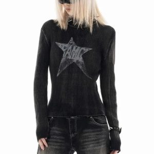 Cosmic Grunge Star Sweater: Y2K Aesthetic with a Touch of Coquette Style